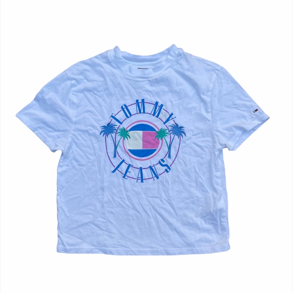 Tommy Jeans Womens Boxy Circle Logo with Palm Trees Shirt  Sz Small